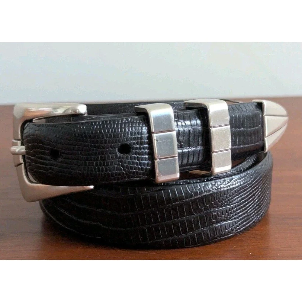 Italian Calfskin Leather Belt Black Men Sz 44 Croc Embossed Silver Southwest NEW